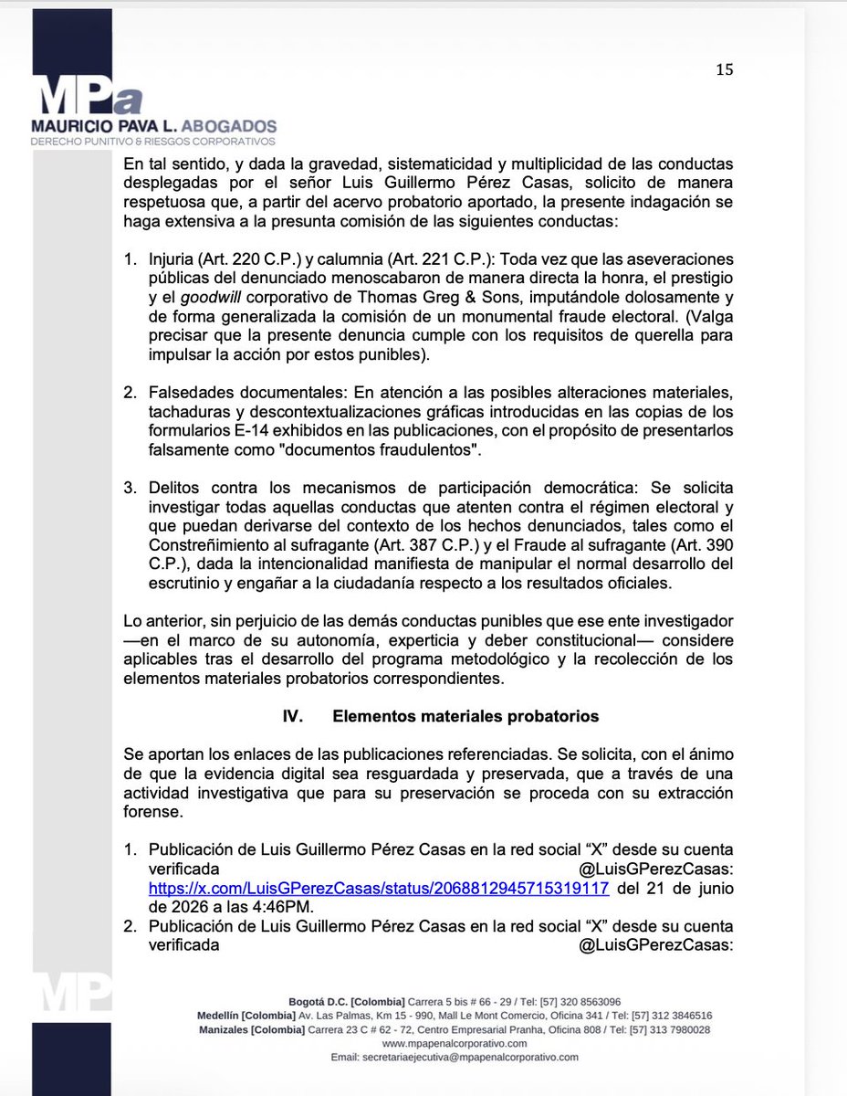 Melquisedec70's tweet photo. Atentos. Además de la denuncia penal que radicó la compañía Thomas Greg contra el abogado @LuisGPerezCasas por perturbación de certamen democrático, hostigamiento, calumnia, injuria y otros delitos, habrá queja disciplinaria por abuso del derecho por acciones temerarias. https://t.co/VwlYzeSXKU