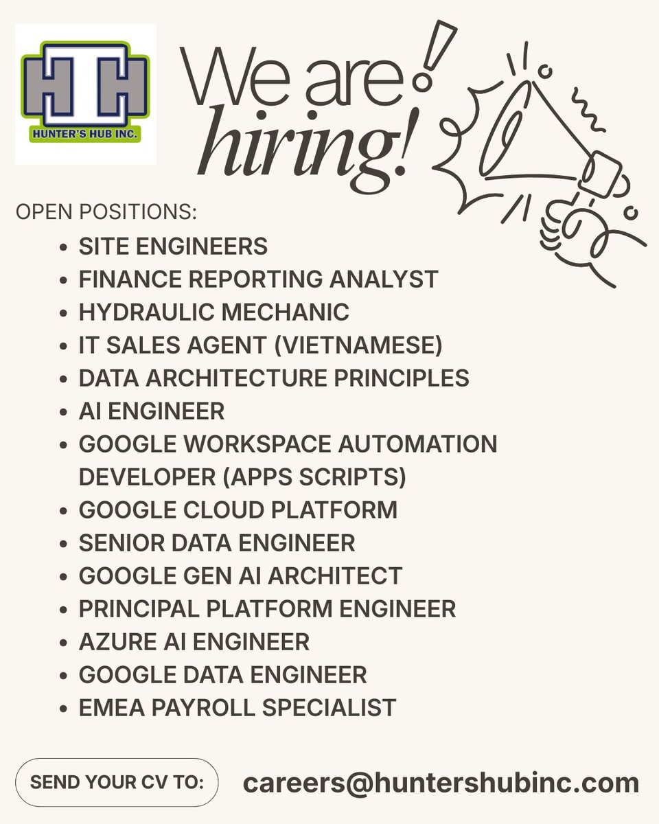 HuntersHubbInc's tweet photo. 🚀 Your next career move starts here! Join our growing team and explore exciting opportunities across Engineering, IT, Data, AI, Finance, and more.📩 Send your CV to careers@huntershubinc.com#WeAreHiring #HuntersHubInc #JobOpenings #CareerOpportunities #HiringNow #JobsPH https://t.co/kTVp4rjuiA