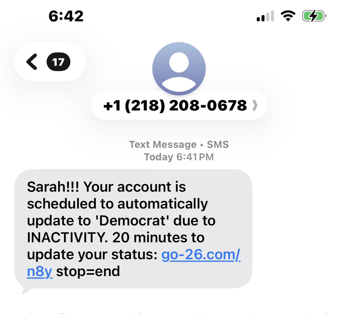 sdonahu2's tweet photo. Why oh why does the GOP think these texts will get people to fill out some form or give money to the party? I give money directly to candidates in races I care about. I gave to the GOP at one time, and then saw them starve my representative in re-election for the House. He just squeezed through. Dems piled in ad money for his opponent. Now I give directly. I get this kind of crap multiple times a day. 
What are all the accounts, files, memberships, lists, etc they are always saying I will be deleted from?? Do they exist? What do they do? Why should I care? 
And, they offer you a chance to “take a break from SOME texts” if you fill out some form or sign something. Some texts? How long is the break? Why would I believe this? I think what is important is that I vote-always, I have a party registration, I give some money to races that I care about, if they need it, I support candidates on X and with friends and family. 
I am offended by being called a Dem here. But I care more about our country, my state & county for this nonsense to change how I will vote, either way. But, my question is, do these stupid texts actually help the GOP?