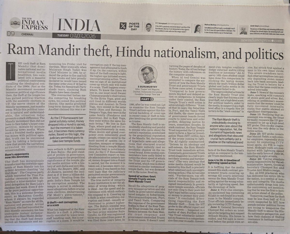 sgurumurthy's tweet photo. First part of my two part article on Ram Mandir theft, Hindu nationalism and politics in The New Indian Express today. Part II will appear tomorrow https://t.co/8dtRvof9xd