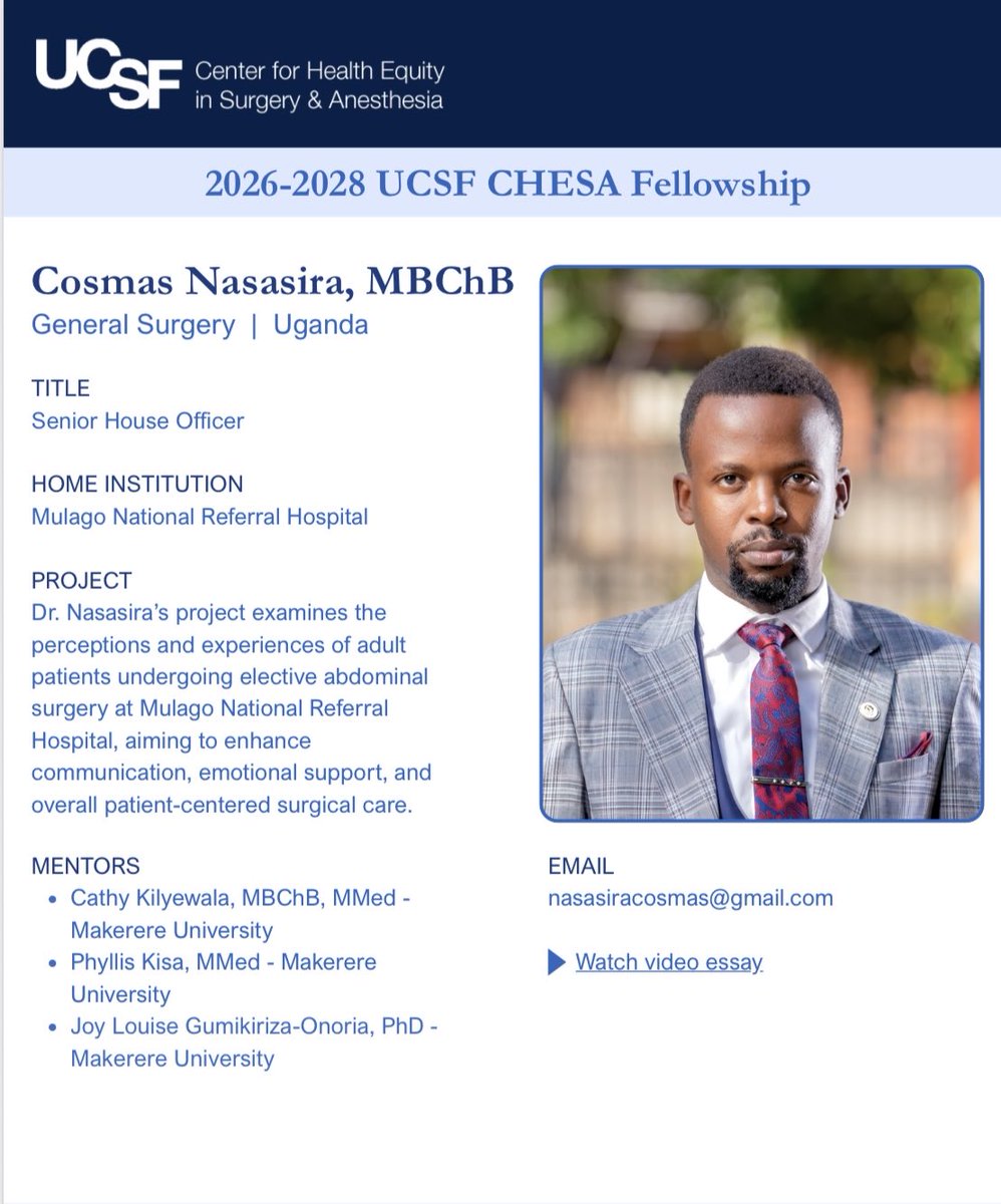 drnasasira's tweet photo. Excited to begin the UCSF CHESA Fellowship! Honored to join an incredible cohort of passionate clinicians and researchers committed to advancing perioperative health equity. Looking forward to learning, collaborating, and making a meaningful impact. #CHESA #UCSF #GlobalSurgery https://t.co/YcSlKFywhH