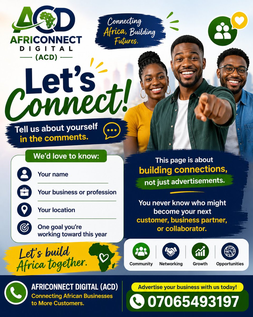 AfriConnect_ACD's tweet photo. Where do you see your business in five years?
Every successful company started with one step.
Share your dream for your business in the comments.
AFRICONNECT DIGITAL believes in African entrepreneurs and is committed to helping businesses grow.
#BusinessTips https://t.co/jjPdcNEsbo