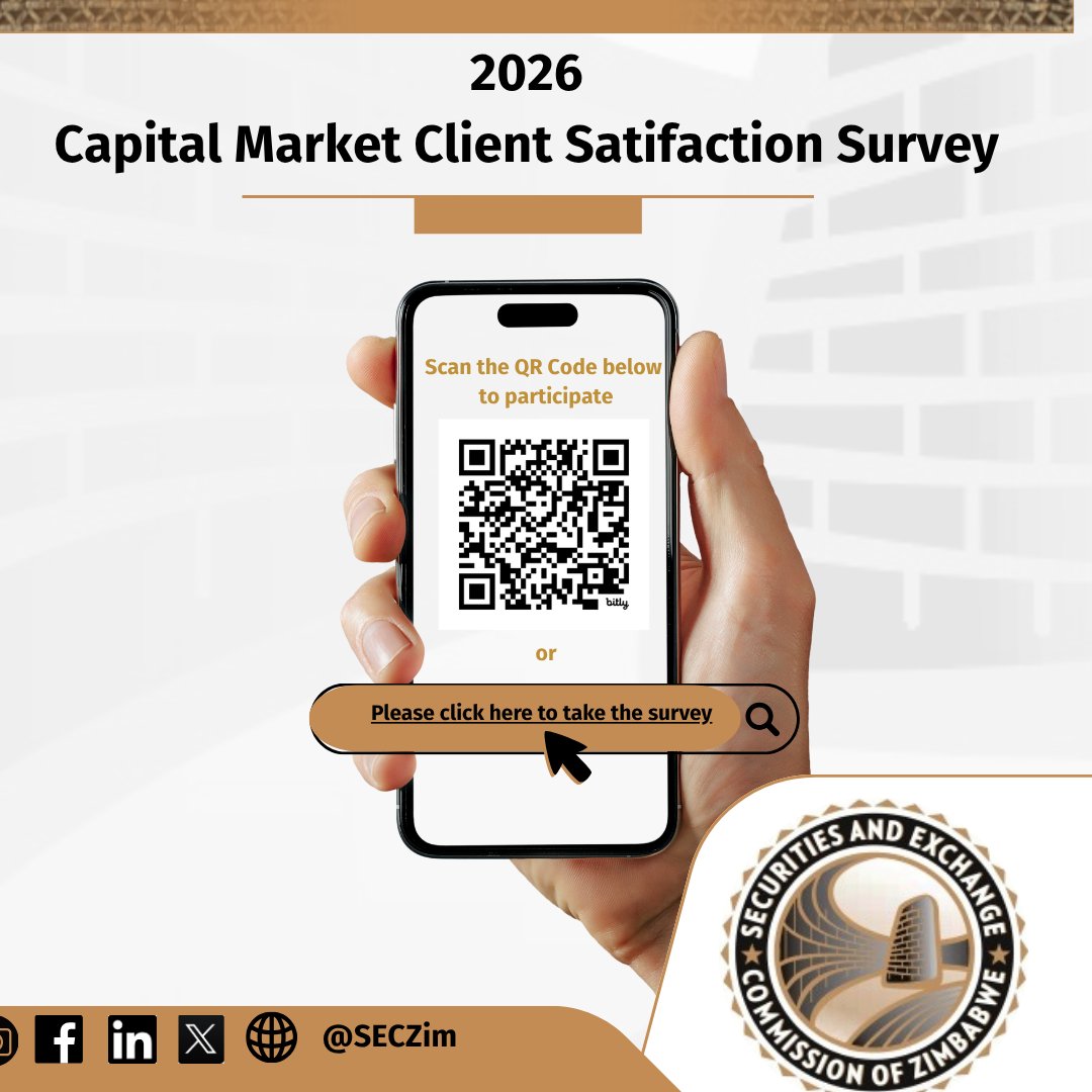 SECZIM's tweet photo. This is a reminder that the 2026 Capital Market Client Satisfaction Survey closes on 17 July 2026.
If you have not yet done so, the Commission encourages you to take a few minutes to complete the survey before the deadline. https://t.co/2euQSBKRPa https://t.co/BIg1IZ9s03