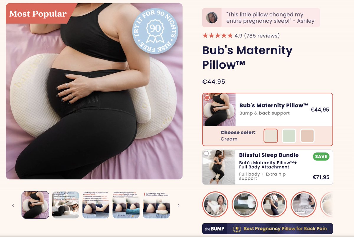 BambinoShopify's tweet photo. sleep is the number 1 pain when you're pregnant 🤰

this store sells a pillow that fixes it at 45€

when you solve a pain that big the customer doesn't even look at the price

the real move here is product quality
on this kind of store word of mouth can get huge over the long run

and the offer is smart
it adds a body pillow so you get the full setup