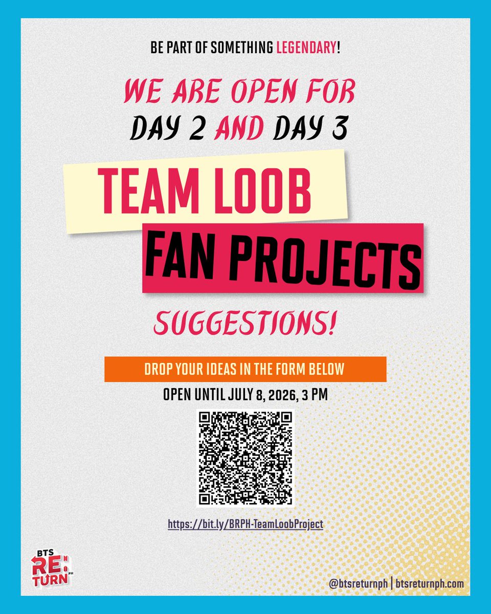 BTSstreamers's tweet photo. 🚨 TEAM LOOB, KAYO NA ANG BIDA! 🚨

This is YOUR chance to help create history at ARIRANG in Bulacan! 💜✨

May fan project idea ka ba para sa Day 2 or Day 3? Huwag mo nang i-gatekeep—share mo na! No idea is too small or too big—we want to hear them all! 💜

Let's create unforgettable moments that every ARMY and BTS will remember long after the concert ends. 🥹✨

📝 Submit your ideas here: 🔗 https://t.co/gleWV6LJHx

⏰ Open until July 8, 2026 | 3:00 PM

Team Loob, this is your time. Let's make history together! 💜🔥

#BTSRE_TURNPH #TeamLoobFanProject