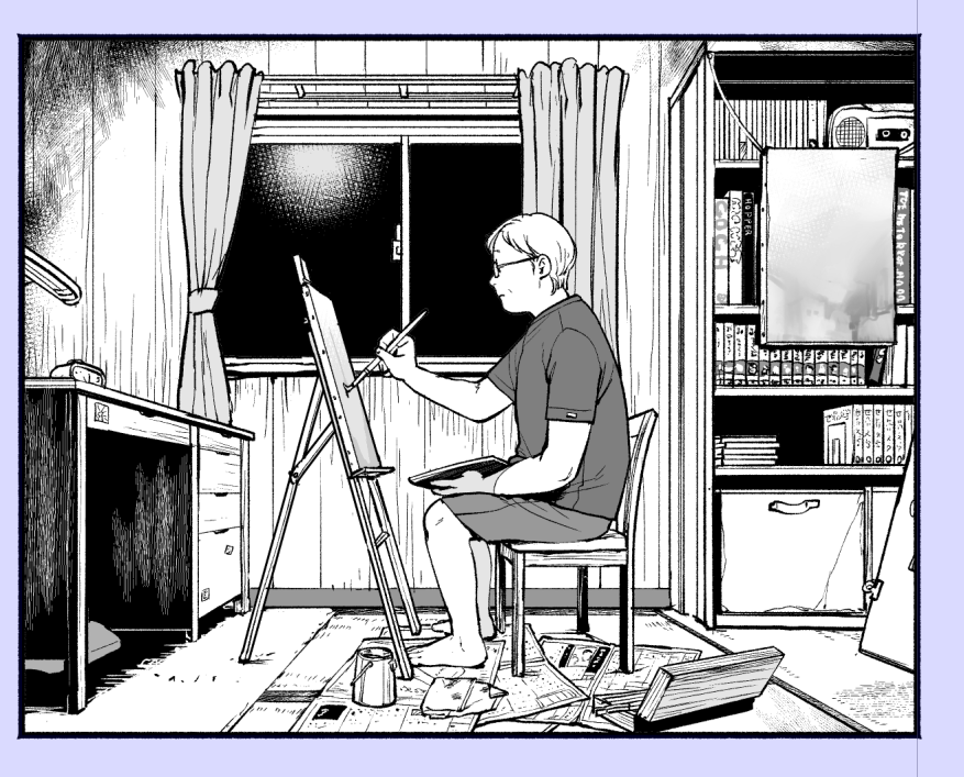 絵を描く小太りのおじさん 