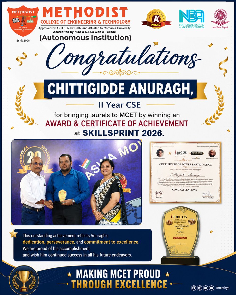 MCETHyderabad's tweet photo. We are happy to congratulate ๐๐ต๐ถ๐๐๐ถ๐ด๐ถ๐ฑ๐ฑ๐ฒ ๐๐ป๐๐ฟ๐ฎ๐ด๐ต, II Year CSE student, for bringing laurels to ๐ ๐๐๐ง by winning an ๐๐๐ฎ๐ฟ๐ฑ & ๐๐ฒ๐ฟ๐๐ถ๐ณ๐ถ๐ฐ๐ฎ๐๐ฒ ๐ผ๐ณ ๐๐ฐ๐ต๐ถ๐ฒ๐๐ฒ๐บ๐ฒ๐ป๐ at ๐ฆ๐๐๐๐๐ฆ๐ฃ๐ฅ๐๐ก๐ง ๐ฎ๐ฌ๐ฎ๐ฒ.
#MCET #Skillsprint2026 #StudentAchievement https://t.co/XZoBs7ZEka