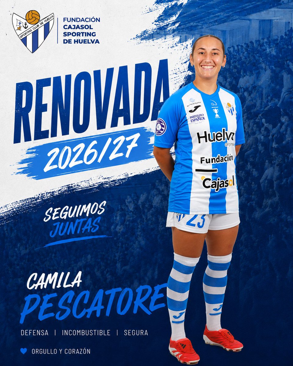 sportinghuelva's tweet photo. 🔵⚪️ 𝗖𝗮𝗺𝗶𝗹𝗮 𝗣𝗲𝘀𝗰𝗮𝘁𝗼𝗿𝗲 seguirá defendiendo la camiseta del Fundación Cajasol Sporting de Huelva en la temporada 26/27.

La defensora, autora de 4 goles la pasada campaña, afrontará su segunda temporada como sportinguista.

📰 https://t.co/nDO91oZewu

#SeguimosJuntas https://t.co/n3C3DwQG9Y
