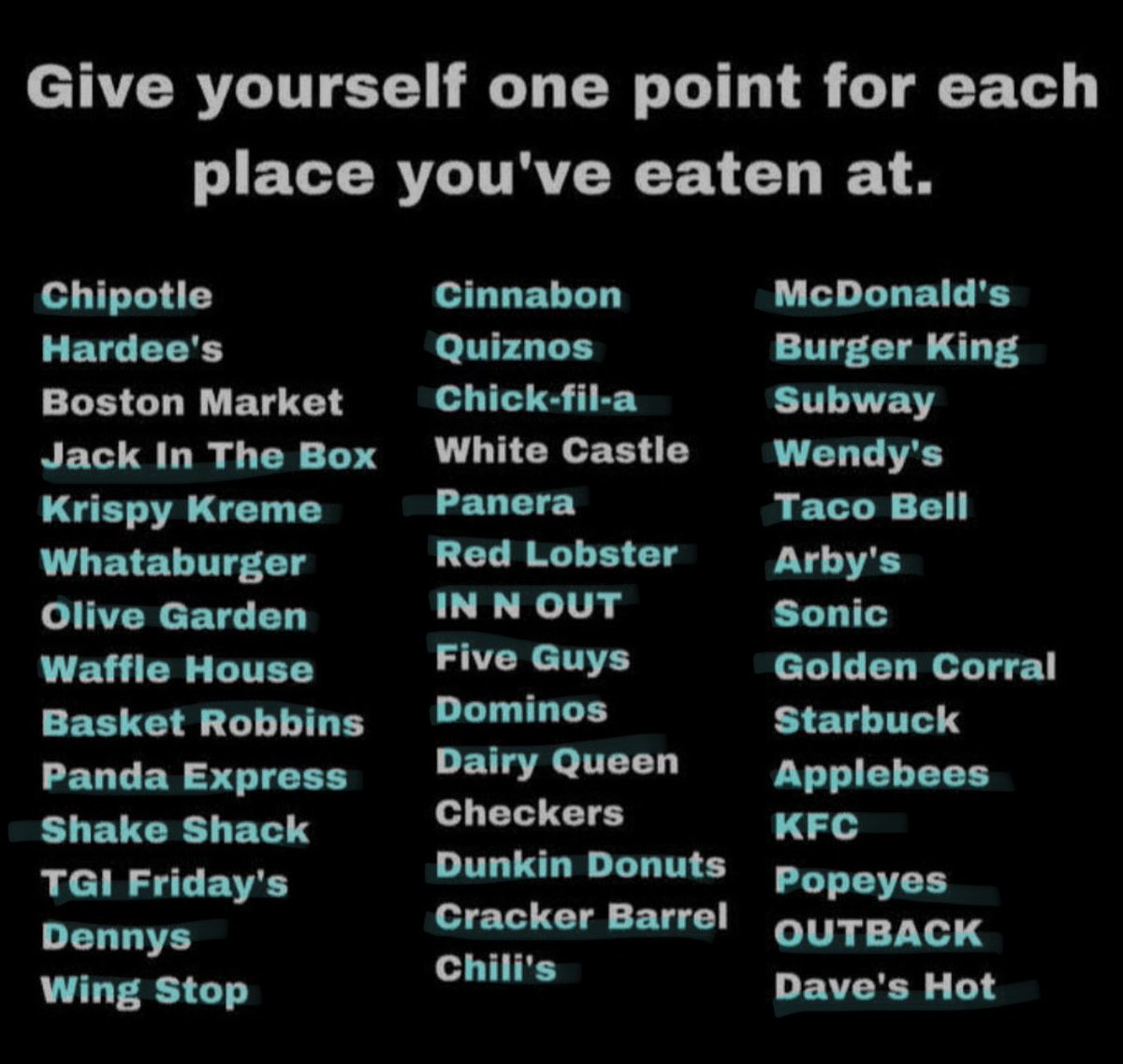 honasweetiepie's tweet photo. i don’t eat at these places regularly but in my 16 years of life yeah i’ve tried them at least once. 
it’s gotten worse as i’ve gotten older but the idea of fast food makes me genuinely sick because the food has been so bad/made me sick. https://t.co/rWQD5Y4o66