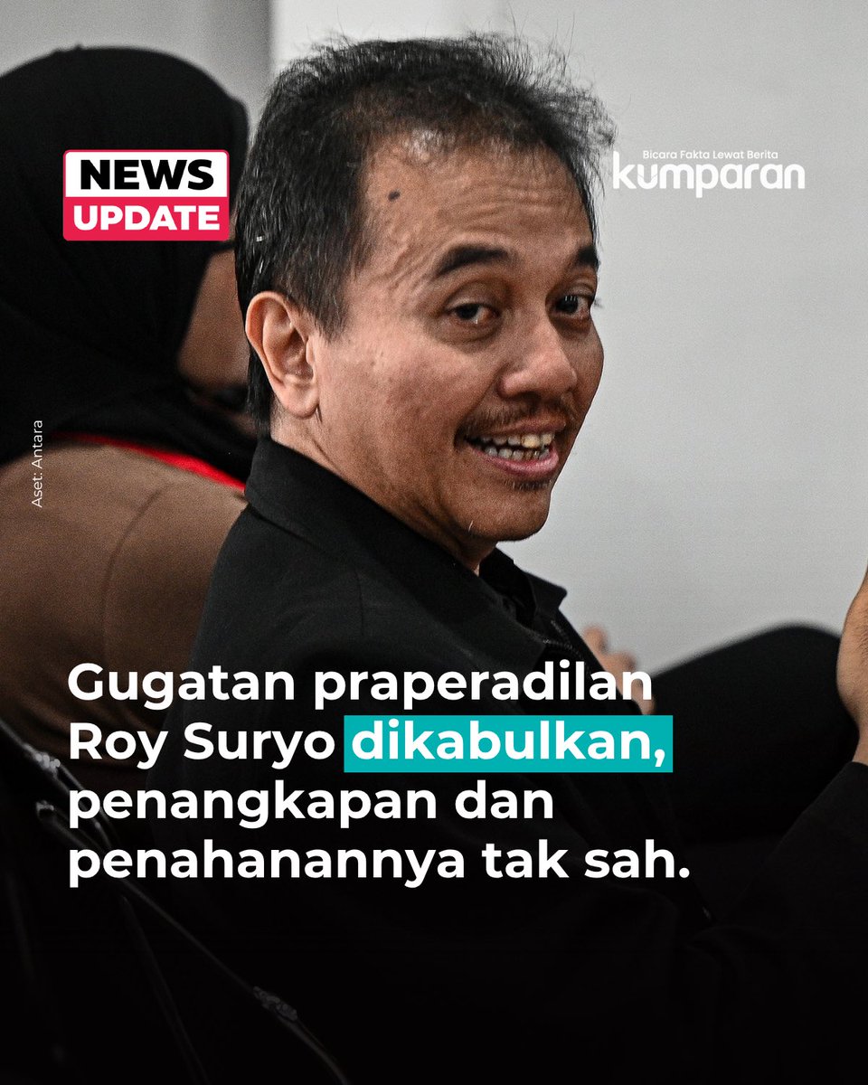 kumparan's tweet photo. Hakim PN Jakarta Selatan I Ketut Darpawan mengabulkan gugatan praperadilan Roy Suryo terkait penangkapan, penahanan, dan penggeledahan oleh Polda Metro Jaya dalam kasus dugaan fitnah dan pencemaran nama baik terhadap Presiden ke-7 RI Joko Widodo, terkait tudingan ijazah palsu. Dengan putusan yang dibacakan pada Selasa (7/7) itu, penangkapan dan penahanan Roy tidak sah.

Sebelumnya, Roy Suryo menjadi tersangka kasus dugaan fitnah ijazah palsu Presiden ke-7 RI, Joko Widodo. Dia ditangkap kemudian ditahan pada Jumat (19/6).

Dalam putusannya, hakim menilai tidak ada urgensi penyidik menggeledah rumah Roy Suryo dengan tujuan melakukan penangkapan. Hakim berpendapat, terdapat cacat formil dan materiil dalam tindakan penggeledahan dan penangkapan terhadap Roy Suryo.

Oleh karena itu, hakim menilai sudah sepatutnya tindakan penggeledahan dan penangkapan terhadap Roy Suryo dinyatakan tidak sah.

📸: Dok. Antara.

Baca selengkapnya dengan klik link di bio. Cari tahu berita update lainnya dengan download aplikasi kumparan di App Store atau Google Play.⁠

📝: newsupdate | update | news | oneliner | R158 | E164

#bicarafaktalewatberita #kumparan