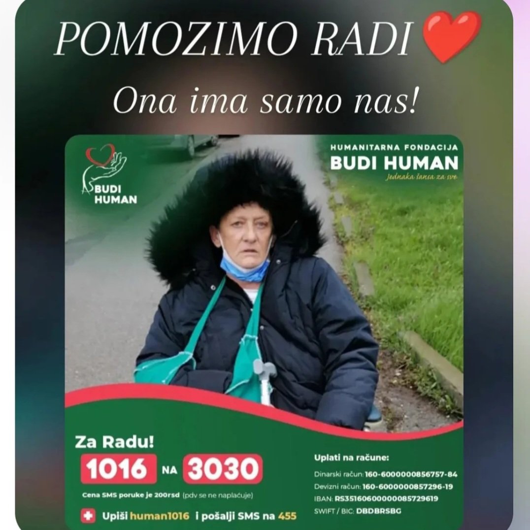 RadaSimi3's tweet photo. Doživela sam težak mozdani udar I desna strana tela mi je oduzeta a imam I urostomu na stomaku na koju obavljam fiziološke potrebe zbog karcinoma Prošle godine su mi ustanovili Multiple Skerlozu I astmu. Pa molim sve twiterase da mi pomognu da nastavim lečenje 1016 na 3030.🙏🙏🙏 https://t.co/I0zYPD61VM
