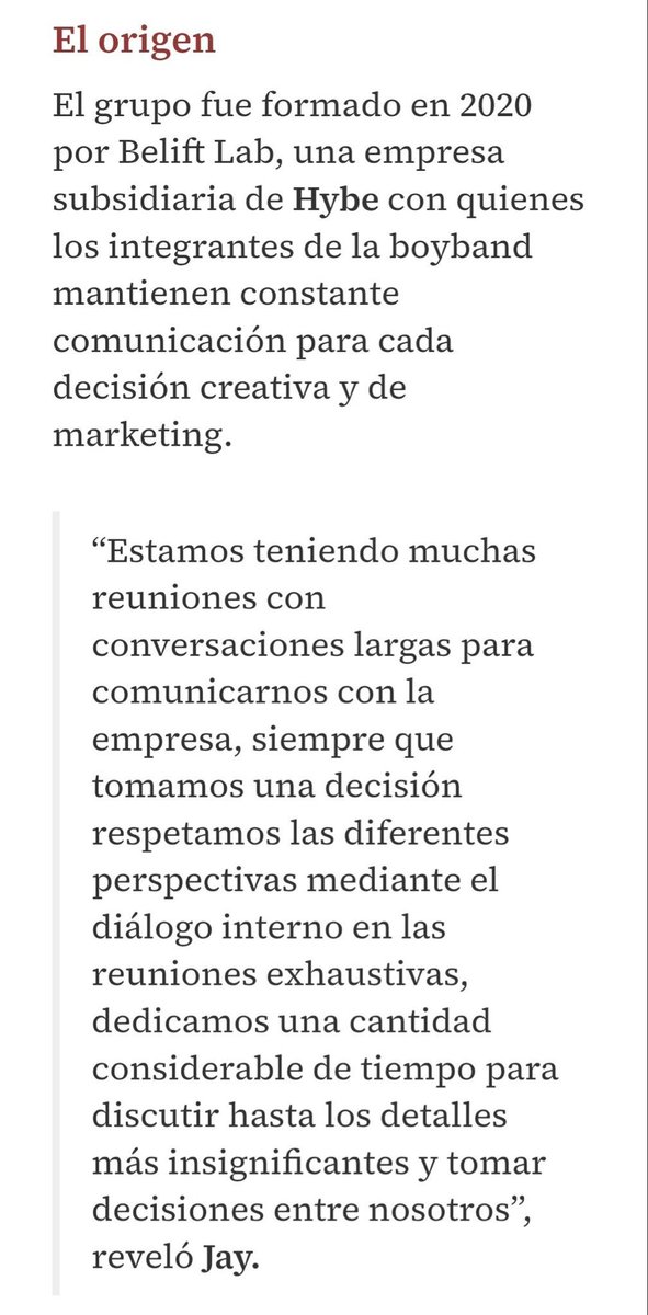 about__enhypen's tweet photo. ENHYPEN was formed in 2020 through BELIFT LAB, a HYBE subsidiary. The members maintain constant communication with the company regarding every creative and marketing decision.

JAY -We have very extensive discussions and a lot of meetings to communicate with the company. Whenever we make a decision, we respect each other’s opinions through internal dialogue. We spend a considerable amount of time discussing even the smallest details and making decisions among ourselves together.

-Milenio Mexico interview.