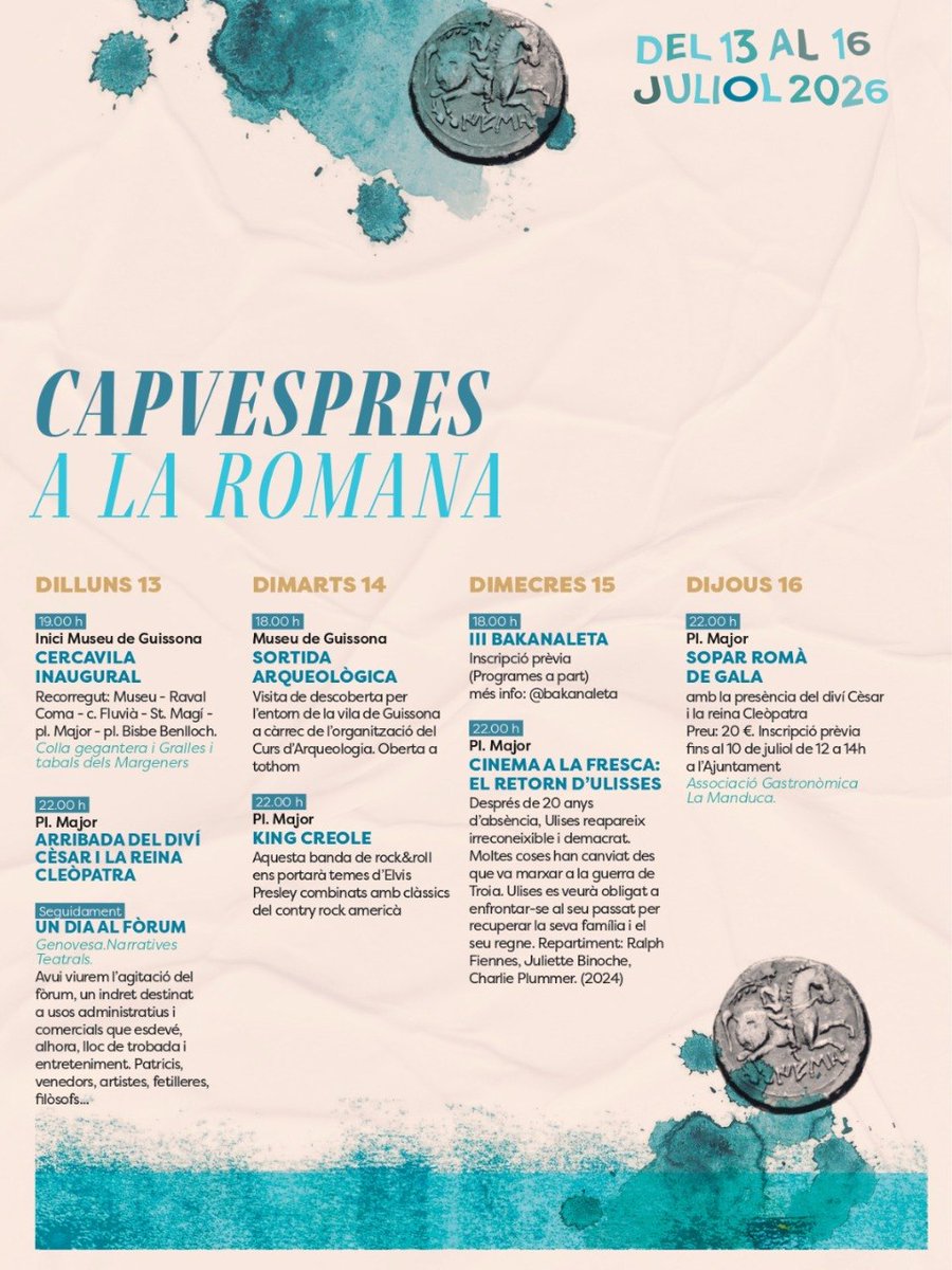 MercatRoma's tweet photo. 🏛️ El Mercat Romà de Iesso comença molt aviat!

La setmana vinent us esperen els CAPVESPRES A LA ROMANA, una cita per escalfar motors abans de la gran festa.

📅 Del 13 al 16/07, Capvespres! 
17 i 18/07, Mercat Romà!
ℹ️ https://t.co/EMKGqVtVKZ

#Guissona #Iesso #LaSegarra #Lleida https://t.co/22cuUsvwyw