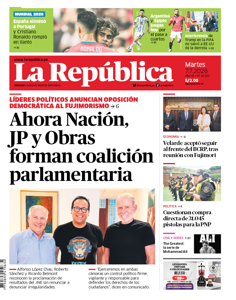 larepublica_pe's tweet photo. 🗞 ¡Buenos días! 👋 Esta es nuestra portada de hoy, martes 7 de julio de 2026 📰

➡️ Recuerda que también puedes leer nuestra versión impresa aquí: https://t.co/gcFVAkPGU1 https://t.co/qxO5MFoZy4