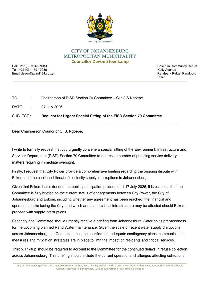 THEDEVCHEV's tweet photo. 🚨 While Johannesburg’s ANC-led coalition lurches from crisis to crisis, the DA is demanding accountability.

I have written to the EISD Chairperson calling for an urgent special sitting. City Power, Joburg Water and Pikitup must appear and answer for the threats facing our city.

The DA will not allow failure to go unchallenged.