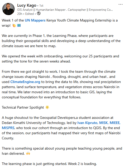 UN_Mappers's tweet photo. Reposted from #UNMaps Community Ambassador, Lucy Kago:
Launch and Week 1 of the #UNMappers Kenya Youth Climate Mapping Externship is a wrap! ππΊοΈ
#UNMappersKenya
#UNMappersKenyaExternship2026
#ClimateMapping #gischat #mapping
#ClimateAction
#QGIS
#ClimateEngine
#openstreetmap https://t.co/bCCO1EWuHw