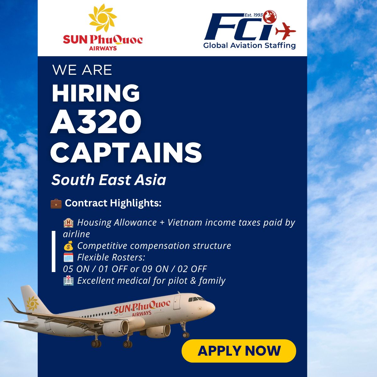 fci_aviation's tweet photo. Click Here to Apply: https://t.co/pwHrMVybXP 
✈️ A320 Captains – Your Next Command Awaits in Vietnam!

Flight Crew International is proud to recruit A320 Captains for Sun PhuQuoc Airways (SPA), Vietnam's first "resort-in-the-sky" airline

#A320Captains #PilotJobs #FlightCrew https://t.co/Ws21peBQ5g