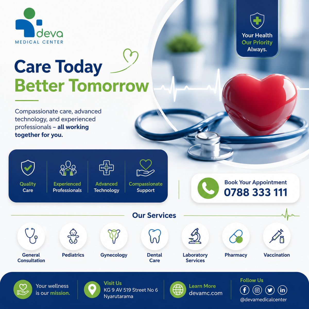 devamedicalrw's tweet photo. ✨ Comprehensive medical services
🩺 Experienced healthcare professionals
📍 KG 9 AV 519 Street No. 6, Nyarutarama
📞 Book your appointment: 0788 333 111
🌐 https://t.co/mE1yTYWbsB https://t.co/UelC2P7aGt