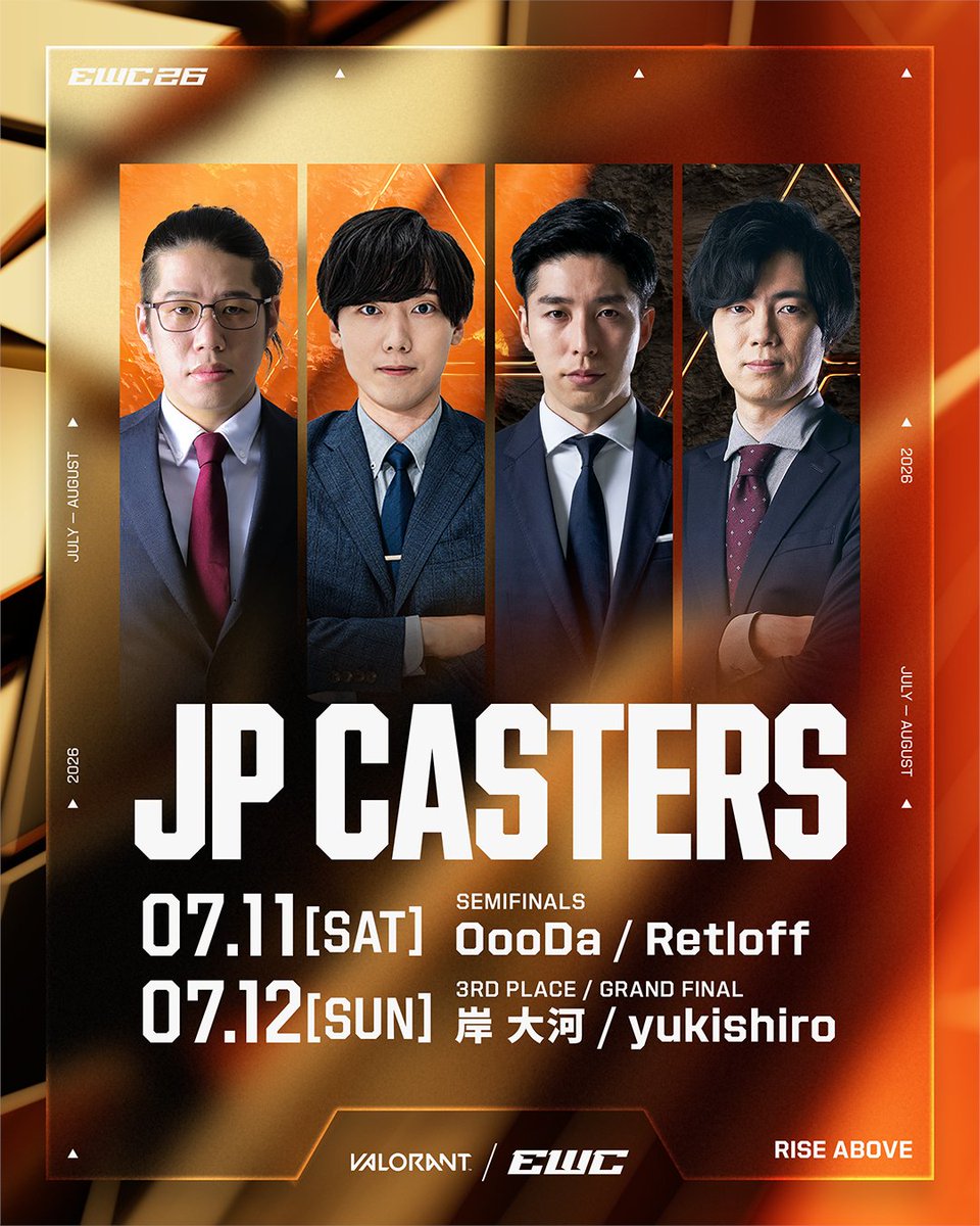 esports_RAGE's tweet photo. 🎙️EWC VALORANT 日本語配信 実況・解説陣発表🎙️

世界最高峰の舞台を彩る JP CASTERS が決定📣

📅7/11(土) 20:00〜 Semifinal
実況 @OooDa / 解説 @Flarejpn

📅7/12(日) 20:00〜 3rd Place / Grand Final
実況 @StanSmith_jp / 解説 @yukishiro3

🔴https://t.co/fxwsnSF0MW

#EWC #VALORANT #RAGE https://t.co/VeaiEGtvtm