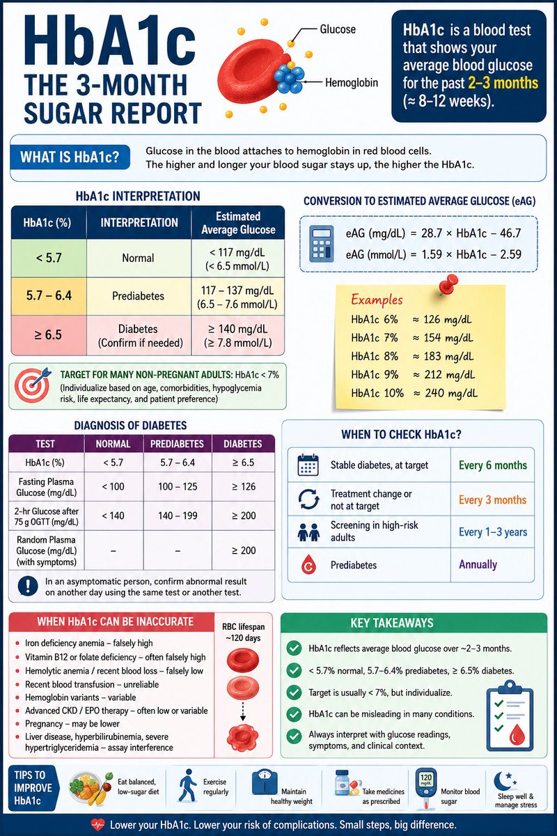 rpsingh1894's tweet photo. HbA1c is more than a number—it is your 3-month blood sugar report card. 🩸

• <5.7%: Normal
• 5.7–6.4%: Prediabetes
• ≥6.5%: Diabetes

For many adults with diabetes, an HbA1c target of <7% is often used—but goals should always be individualized.

Check regularly. Act early. Prevent complications.

#HbA1c #Diabetes #BloodSugar #DiabetesAwareness #MedTwitter