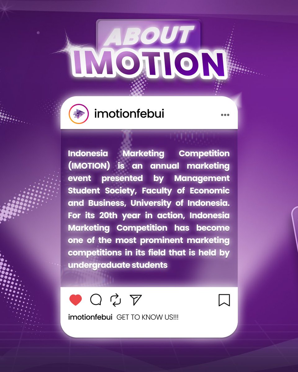 imotion_febui's tweet photo. [DRIVEN BY FIRST | ALL ABOUT THE 20TH IMOTION]

Hi, Actioners! 👋

Driven by FIRST: Foresight, Integrity, Resilience, Significance, and Togetherness, IMOTION is one of Indonesia’s leading student led marketing events by the Management Student Society, FEB, UI. https://t.co/gSu3bFEQwN