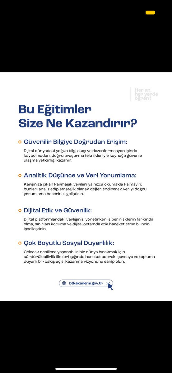 BTKAkademi's tweet photo. Türkiye Yüzyılı Maarif Modeli Okuryazarlık Becerileri Eğitimleri BTK Akademi’de! 

Bilgiyi doğru değerlendiren, dijital dünyada güvenle hareket eden ve analitik düşünebilen bireyler yetiştirmek için hazırlanan Türkiye Yüzyılı Maarif Modeli Okuryazarlık Becerileri Eğitimleri, BTK Akademi’de sizleri bekliyor.

📌 Program kapsamında;
• Vatandaşlık Okuryazarlığı
• Dijital Okuryazarlık
• Finansal Okuryazarlık
• Kültür Okuryazarlığı
• Sürdürülebilirlik Okuryazarlığı
• Veri Okuryazarlığı

alanlarında kendinizi geliştirebilir, eğitimleri başarıyla tamamladığınızda Millî Eğitim Bakanlığı ve BTK Akademi ortak katılım sertifikası almaya hak kazanabilirsiniz.

Ücretsiz ve çevrim içi eğitimlerle siz de Türkiye Yüzyılı’nın öncü nesilleri arasında yerinizi alın.

🔎 https://t.co/ITgUsYVAet
