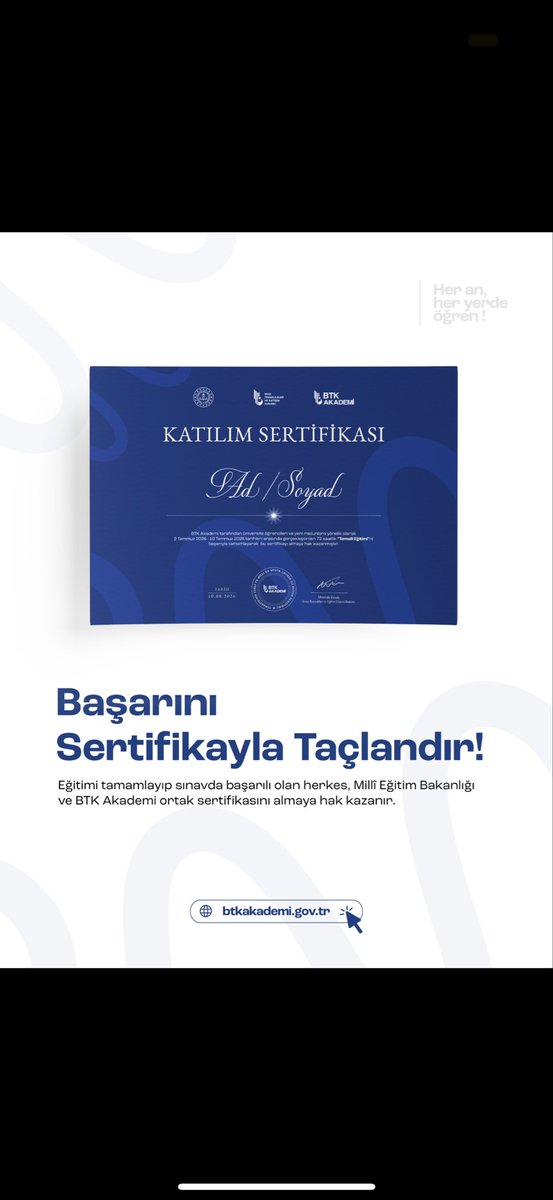 BTKAkademi's tweet photo. Türkiye Yüzyılı Maarif Modeli Okuryazarlık Becerileri Eğitimleri BTK Akademi’de! 

Bilgiyi doğru değerlendiren, dijital dünyada güvenle hareket eden ve analitik düşünebilen bireyler yetiştirmek için hazırlanan Türkiye Yüzyılı Maarif Modeli Okuryazarlık Becerileri Eğitimleri, BTK Akademi’de sizleri bekliyor.

📌 Program kapsamında;
• Vatandaşlık Okuryazarlığı
• Dijital Okuryazarlık
• Finansal Okuryazarlık
• Kültür Okuryazarlığı
• Sürdürülebilirlik Okuryazarlığı
• Veri Okuryazarlığı

alanlarında kendinizi geliştirebilir, eğitimleri başarıyla tamamladığınızda Millî Eğitim Bakanlığı ve BTK Akademi ortak katılım sertifikası almaya hak kazanabilirsiniz.

Ücretsiz ve çevrim içi eğitimlerle siz de Türkiye Yüzyılı’nın öncü nesilleri arasında yerinizi alın.

🔎 https://t.co/ITgUsYVAet