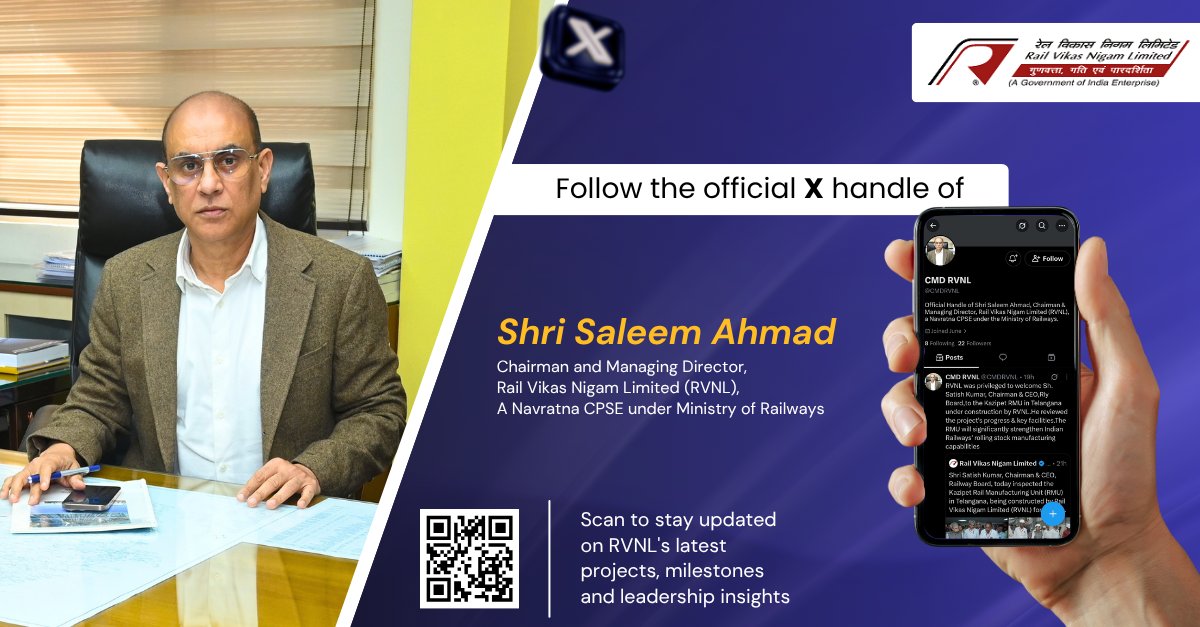 RailVikas's tweet photo. RVNL Announces the Official X Handle of its Chairman & Managing Director Shri Saleem Ahmad.

Stay connected with the latest updates from CMD, RVNL.

Follow his  official account for insights into RVNL's major infrastructure projects, engineering achievements, corporate updates, leadership insights and milestones shaping India's infrastructure journey.

Follow here: https://t.co/xv9WopwUdQ

#RVNL #RailVikasNigamLimited #CMDRVNL #Infrastructure #IndianRailways #NationBuilding