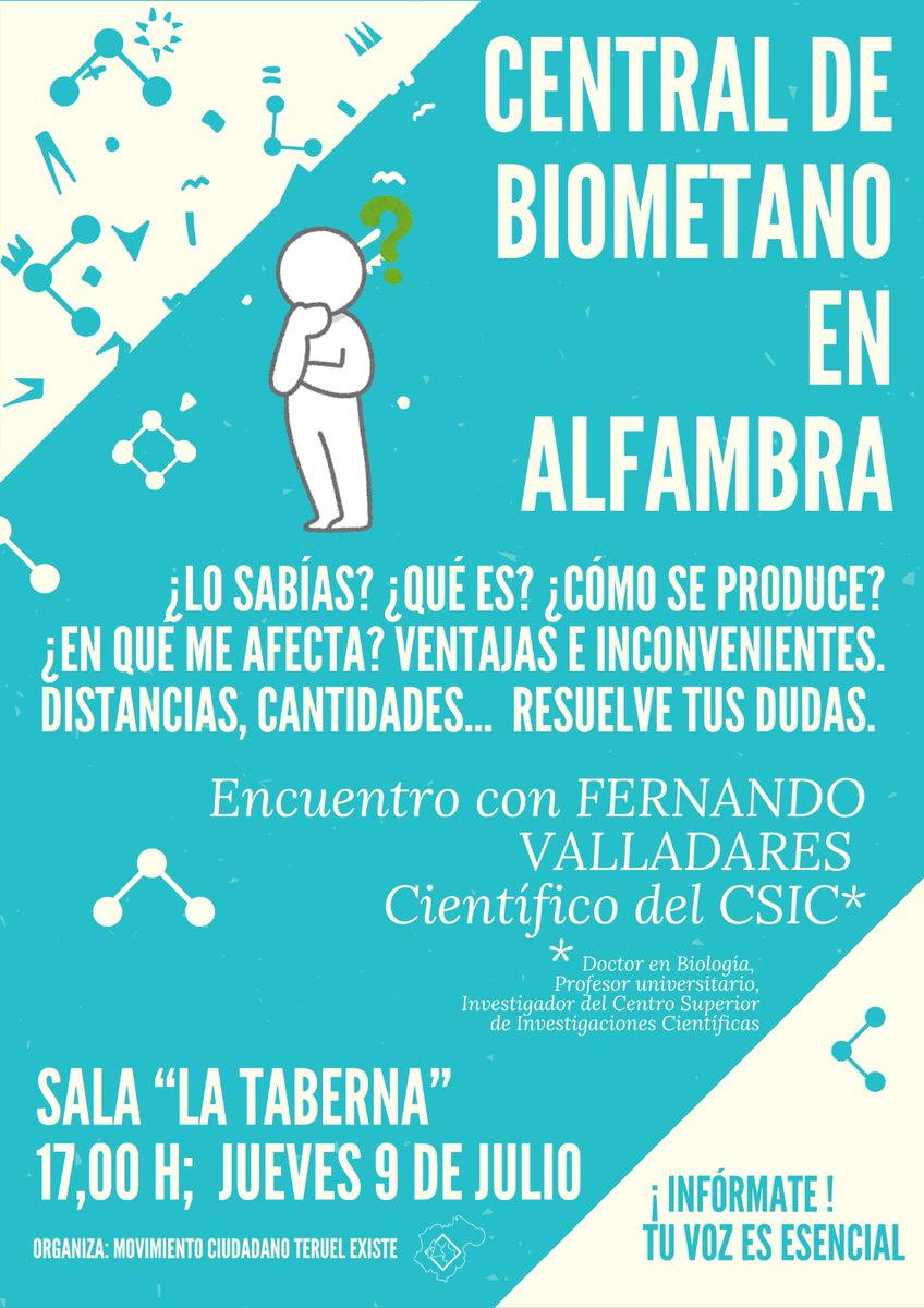 TeruelExiste_'s tweet photo. ℹ️Información sobre las centrales de biometano previstas en Alfambra y Calamocha
👉Encuentro con el científico del CSIC Fdo. Valladares
🗓️Jueves  17h y 19.30h
🧐Contar con información veraz es necesario para entender qué tipo de proyectos se plantean en nuestros #pueblos VEN!🫵 https://t.co/nBDxm79Lph