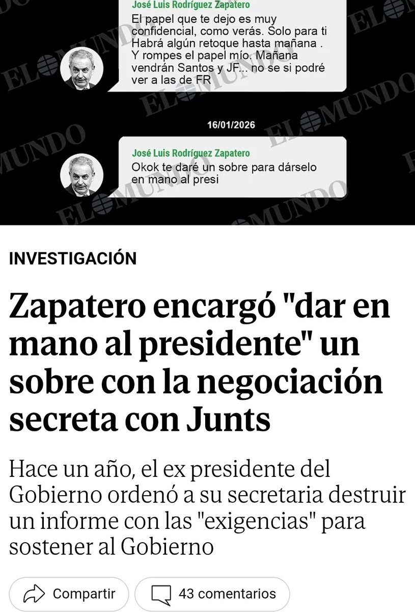 criaturina's tweet photo. ZP, IMPUTADO 
LA REPUBLIQUETA
LA LEGISLATURA CULORROTA

‼️‼️ Zapatero encargó "dar en mano al presidente" un sobre con la negociación secreta con Junts.

‼️‼️ ZP ordenó a su secretaria destruir un informe con las "exigencias" para sostener al Gobierno.

https://t.co/RHa2ZKuvnG https://t.co/4NaVQXbng3