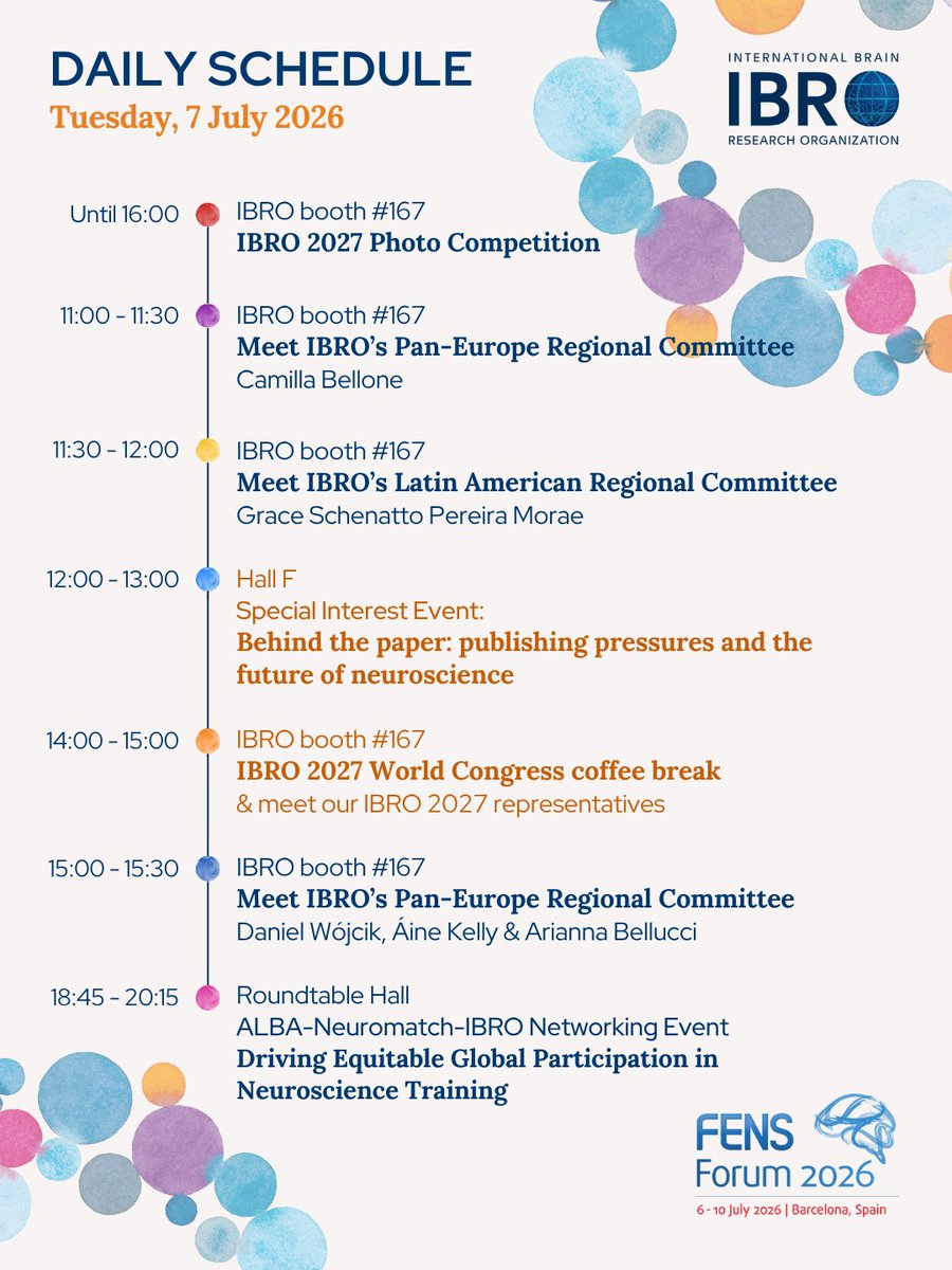 IBROorg's tweet photo. Check out IBRO's activities today (Tue 7 Jul) at FENS Forum 2026 🧠
If you're at #FENS2026 in Barcelona 🇪🇸 today, make sure you don't miss what IBRO has planned &amp; visit us at booth #167!

🔗 Discover our plan for the entire forum: https://t.co/YuLRZCpCXV

#neuroscience https://t.co/Njs7vepSQg