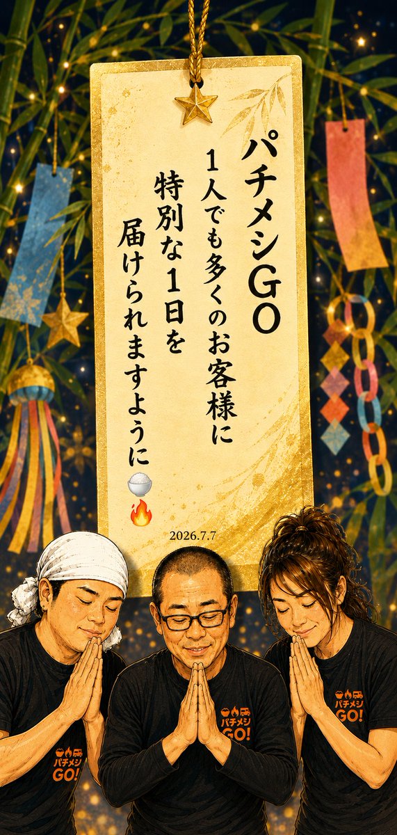 engage2026's tweet photo. ✨🎋七夕🎋✨

皆さんの願いが🎋🌌✨
届きますよに🌠🎋

7️⃣月7️⃣日(火)
どこのパチンコ店も
盛り上がってるかな😤😤🔥

パチメシGO🍚🔥
そんなホールを
応援します💪🚚🔥

そしてパチメシGOも
短冊に願いを込めて🌟🙏
 #七夕
 #キッチンカー
 #パチンコ  #スロット
 #丼専門店 https://t.co/a9LPiDnPta