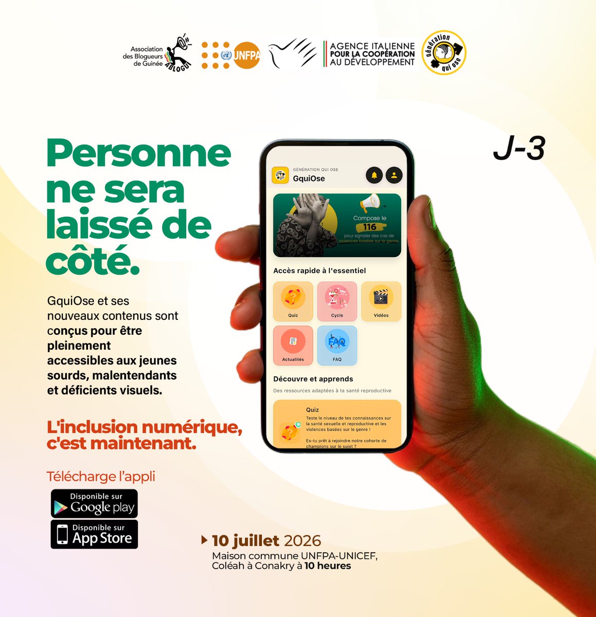 ablogui's tweet photo. Cette fois, personne ne sera laissé de côté.
@GquiOse et ses nouveaux contenus sont conçus pour être pleinement accessibles aux jeunes sourds, malentendants et déficients visuels.

L'inclusion numérique, c'est maintenant.
Télécharge l’appli

#Kibaro #GquiOse @unfpa_guinee https://t.co/bRors9zsUJ