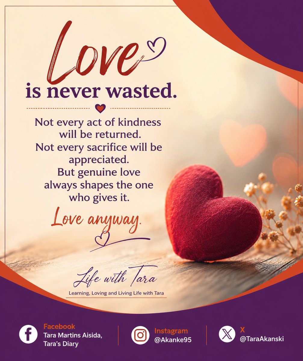 TaraAkanski's tweet photo. Some people will never love you the way you loved them. That doesn’t make your love a mistake. It simply means your capacity to love was greater than their capacity to receive it. Protect your heart, but never lose your ability to love. #lifewithtara#lovetips https://t.co/8PeXKTUP1B