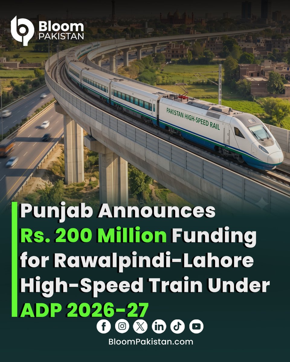 bloom_pakistan's tweet photo. The Punjab government has allocated Rs. 200 million under the Annual Development Programme (ADP) 2026-27 for a feasibility study of a proposed high-speed train between Rawalpindi and Lahore.

According to official documents, the complete feasibility study will cost around Rs. 452 million. The study team will assess the project’s technical, financial, and operational aspects before the government starts construction work.

For Full Story🔗Link in Comment Below

#PunjabDevelopment #HighSpeedRail #Rawalpindi #Lahore #InfrastructureProjects