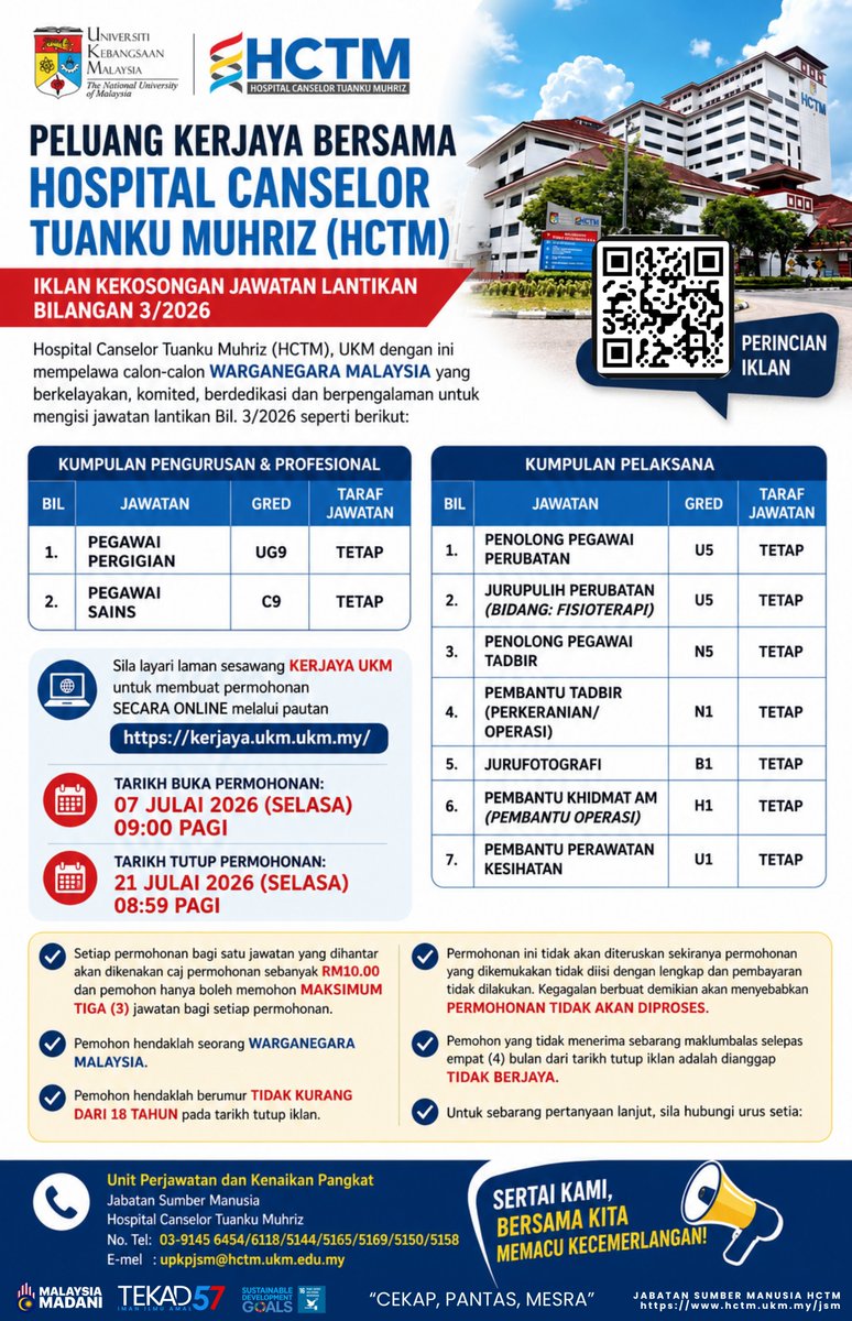 hctm_ukm's tweet photo. HCTM UKM mempelawa warganegara Malaysia yang berkelayakan untuk menerokai peluang kerjaya di HCTM. Sila layari laman web https://t.co/h3apPX0q0F untuk melakukan permohonan secara atas talian.

#HCTM #UKM #CekapPantasMesra https://t.co/0Pqlg1ofWE