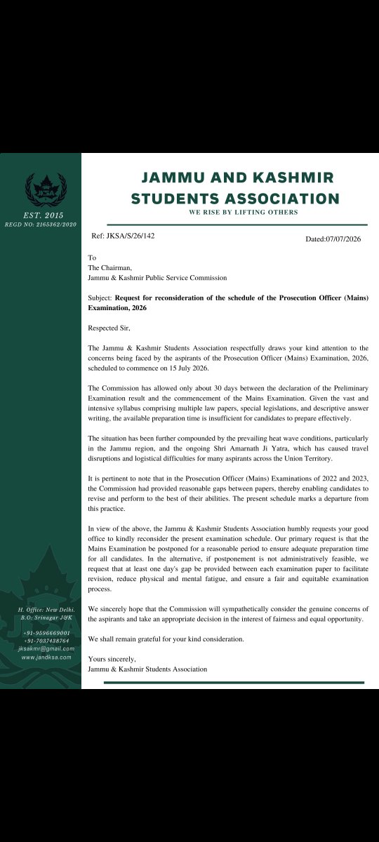 JKSTUDENTSASSO's tweet photo. JKSA Seeks Postponement or One day Gap Between Prosecution Officer (Mains) Examination Papers

@OmarAbdullah @sakinaitoo @nasirsogami @JKPSC_News @GreaterKashmir https://t.co/w67hD5Ecci
