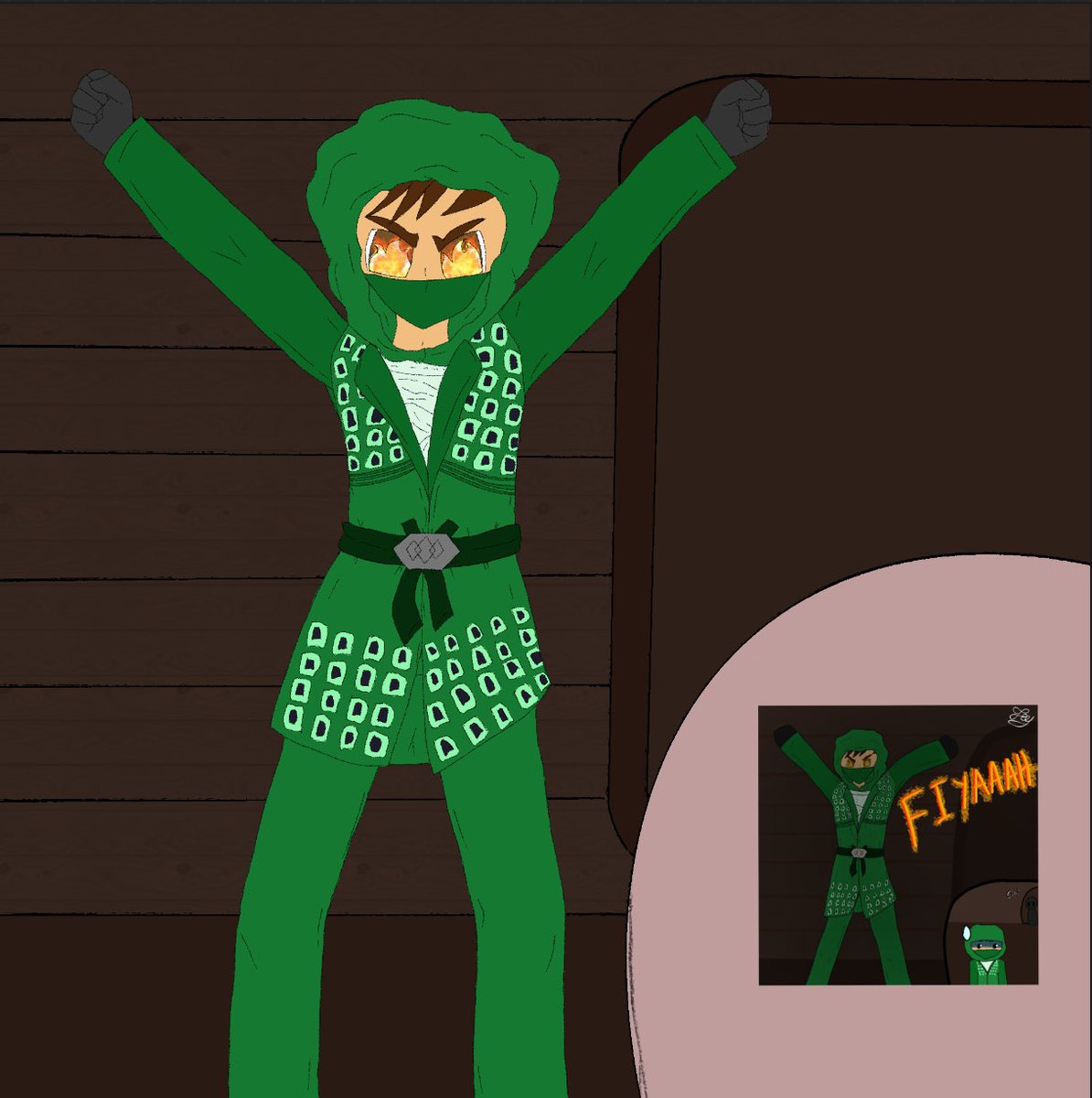 HalfNotCup's tweet photo. I added a background to my Kai in the green ninja suit redraw, and I’m now considering redoing it because it’s not episode accurate and idk what I was doing in 2022 when I did the original, but I lowkey wanna make it episode accurate https://t.co/lyhogp4ZQL