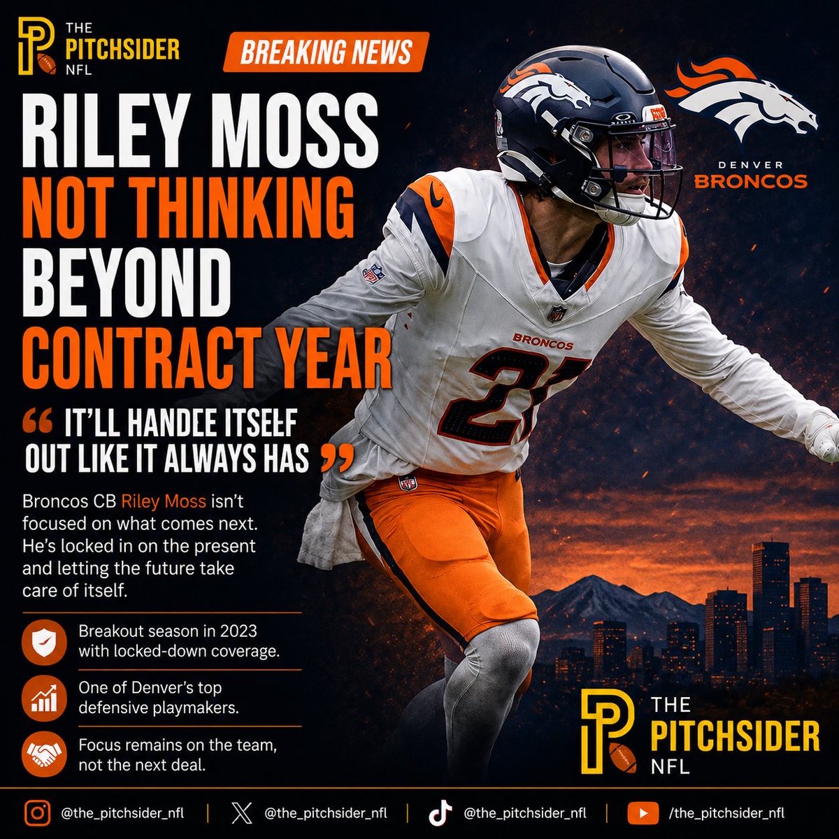 PitchsiderNfl's tweet photo. 🏈🟠 Riley Moss staying focused on football

Riley Moss isn’t letting contract talks distract him as he enters the final year of his deal with the Denver Broncos. 
#Broncos #RileyMoss #NFL #NFLNews #ThePitchsiderNFL https://t.co/RBQT26VUhf