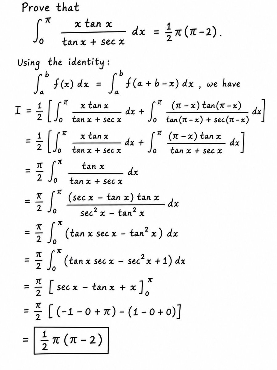 engineer_know's tweet photo. A beautiful definite integral solved using the symmetry property of definite integrals and a clever trigonometric identity.
Watch the complete handwritten step-by-step proof and master this elegant calculus technique.
Can you solve it before seeing the answer?
#Calculus #Integration #Mathematics #EngineeringMath #LearnMath