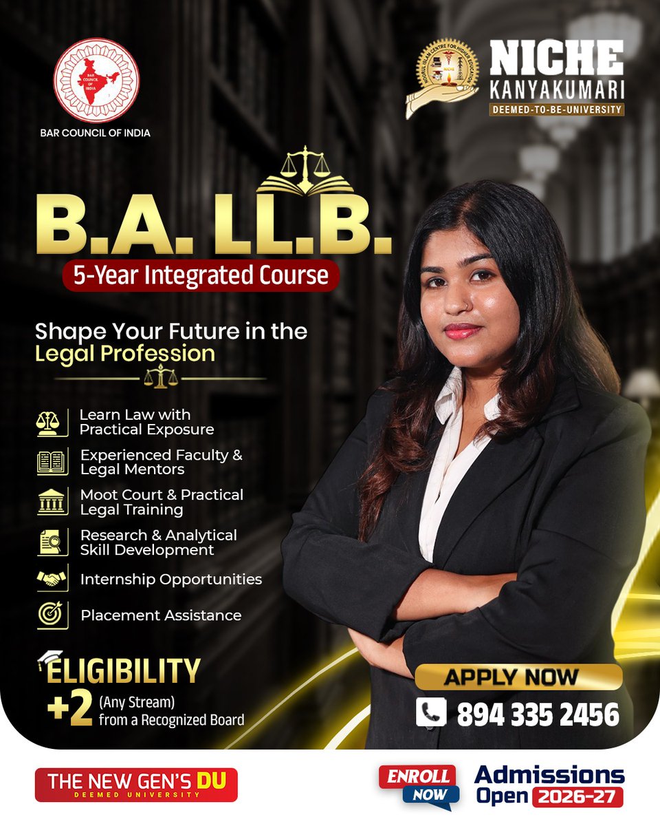 nicheuni's tweet photo. 🎓 Become tomorrow's legal leader with the 5-Year Integrated B.A. LL.B. at NICHE Kanyakumari. Admissions Open 2026–27! ⚖️

📍 NICHE University, Kumaracoil, Kanyakumari
📞 +91 89433 52456

#BALLB #LawAdmissions #NICHEKanyakumari https://t.co/Zq2ZjqfWW4