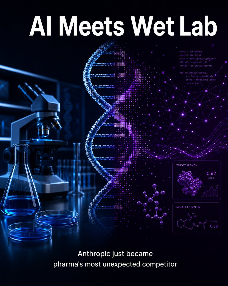 Best_AI_ORG's tweet photo. A frontier AI company just opened wet labs and hired biologists. Not to study AI safety - to develop drugs.
#AIDrugDiscovery #Anthropic #BiotechAI #ClaudeScience #AIResearch #FutureOfMedicine #BestAIOrg https://t.co/29k7z122U6