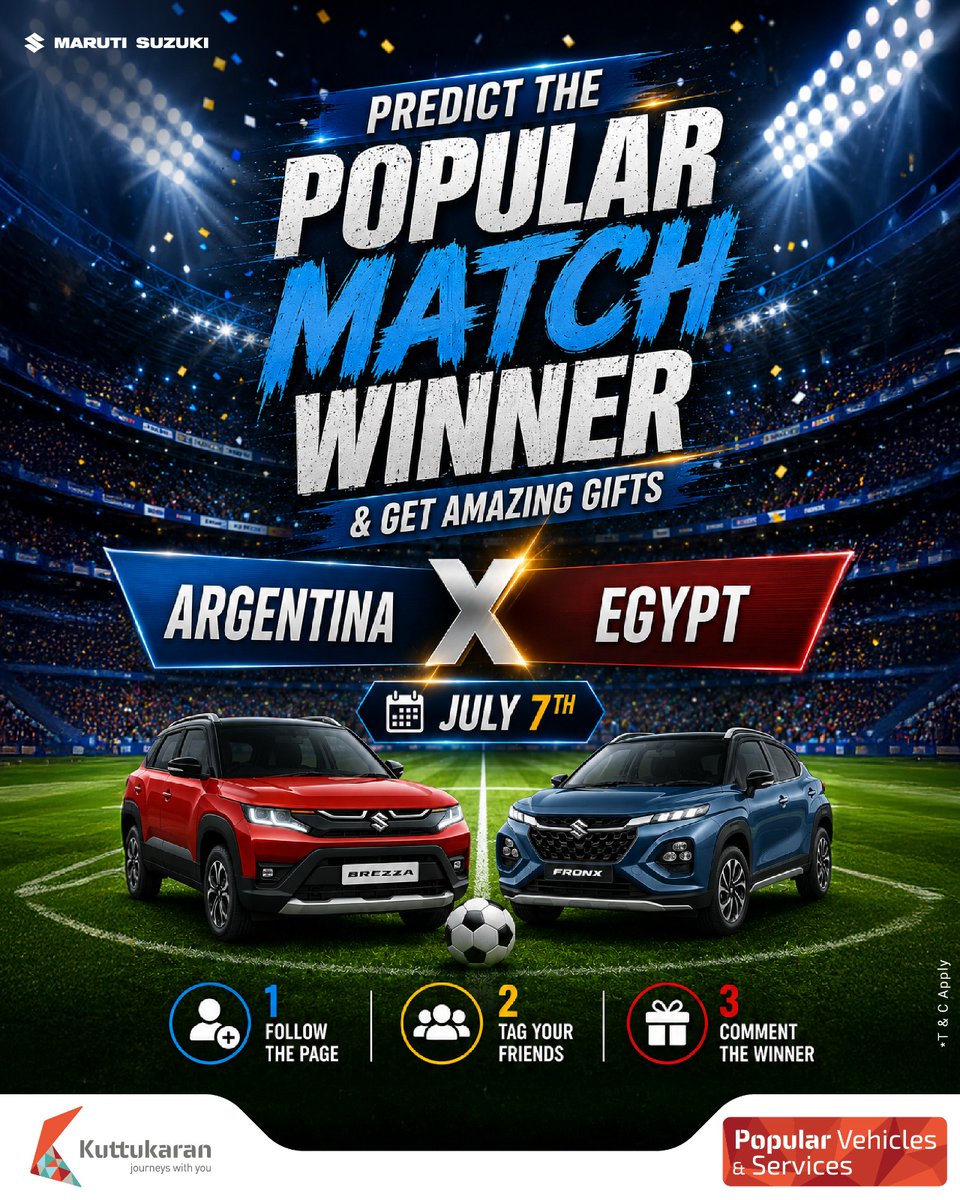 popularmaruti's tweet photo. Predict the winner and win exciting gifts!
Argentina vs Egypt
July 7
How to participate:
โ
Follow the page
โ
Tag your friends
โ
Comment your winner prediction
#popularmaruti #MatchPrediction #FootballFever #PredictAndWin #Giveaway #GameOn #FootballFans #WinExcitingGifts https://t.co/BvxJWVbrWG