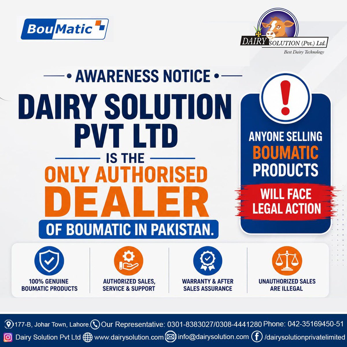 PvtDairy's tweet photo. 🚨 Only One. Only Genuine.

Dairy Solution Pvt Ltd is the only authorized BouMatic dealer in Pakistan. Buy genuine. Avoid unauthorized sellers.

#BouMatic #DairySolution #PakistanDairy #AuthorizedDealer https://t.co/5NWjZgRlq5