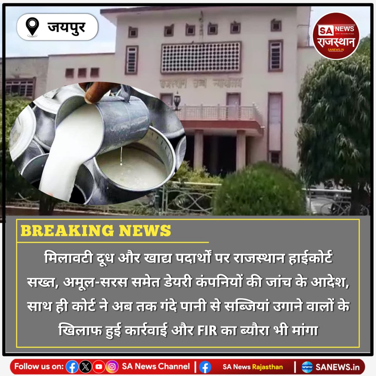 SANewsRajasthan's tweet photo. राजस्थान हाईकोर्ट ने खाद्य पदार्थों में मिलावट रोकने के लिए सरस, अमूल, लोटस और मदर डेयरी समेत सभी डेयरी एजेंसियों की जांच के निर्देश दिए हैं। गंदे पानी से उगाई जा रही सब्जियों पर भी कार्रवाई के आदेश दिए गए। #FoodSafety #MilkAdulteration #HighCourt #RajasthanNews https://t.co/LgYspjc07S