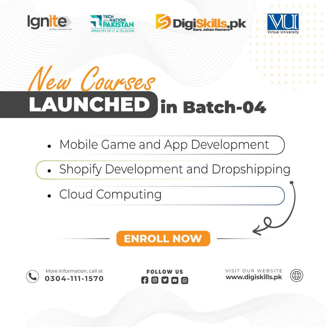 digiskillspak's tweet photo. Launched 3 New courses in Batch-04
-Mobile Game and App Development
-Shopify Development and Dropshipping
-Cloud Computing
Enroll Now: https://t.co/5N8QB7zOc8
#SaraJahanHamara #DigiSkillsPk #MOITT #Ignite #VirtualUniversity #TechDestinationPakistan #Learn2Earn https://t.co/QHl81rl1lx