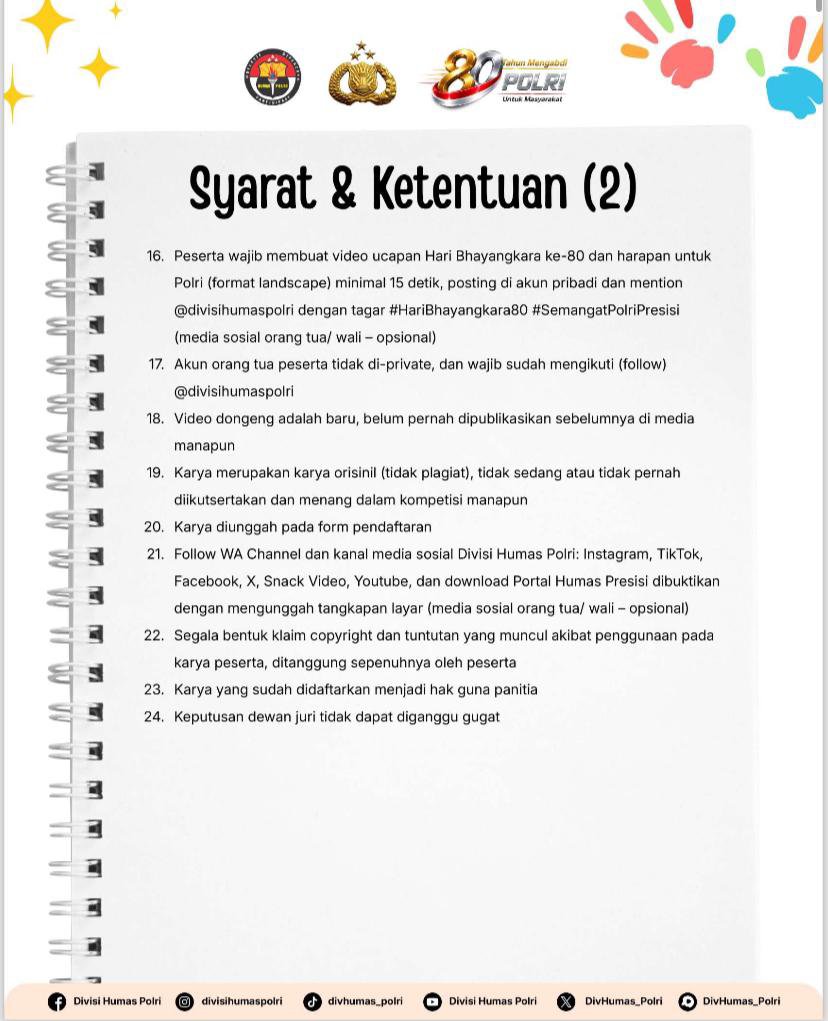 multimediagrob's tweet photo. 📚✨ LOMBA MENDONGENG HARI BHAYANGKARA KE-80 ✨📚

Ayo, berikan kesempatan bagi si kecil untuk tampil percaya diri, mengasah kreativitas, dan menyampaikan pesan-pesan positif melalui cerita dalam Lomba Mendongeng bertema “Polri untuk Masyarakat.” https://t.co/I664fDojnY