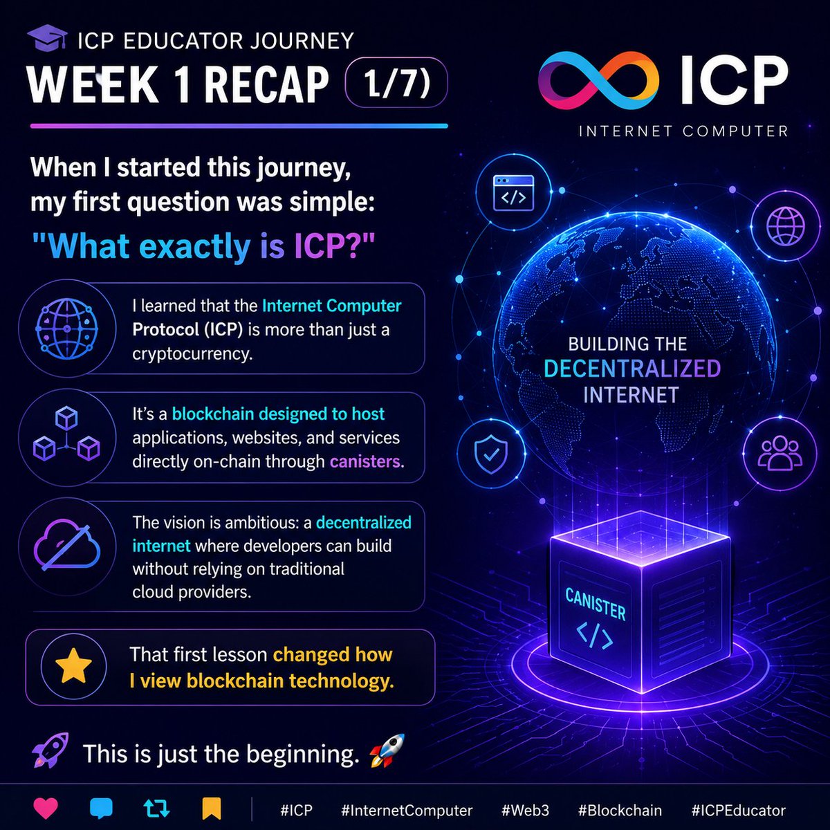 Humbledeen15's tweet photo. 📚 ICP Educator Journey — Week 1 Recap (1/7)

When I started this journey, my first question was simple:

"What exactly is ICP?"

I learned that the Internet Computer Protocol (ICP) is more than just a cryptocurrency. It's a blockchain designed to host applications, websites, and services directly on-chain through canisters.

The vision is ambitious: a decentralized internet where developers can build without relying on traditional cloud providers.

That first lesson changed how I view blockchain technology.

This is just the beginning. 🚀

#ICP #InternetComputer #Web3 #Blockchain #ICPEducator