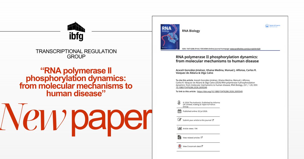 ibfg_es's tweet photo. #NewPaper | Accepted in @tandfonline RNA Biology

🔬 This review explores how phosphorylation of the RNA polymerase II CTD acts as a molecular control system for gene expression, and why its disruption is increasingly linked to human disease and new therapeutic opportunities. https://t.co/2PTInXtGPY