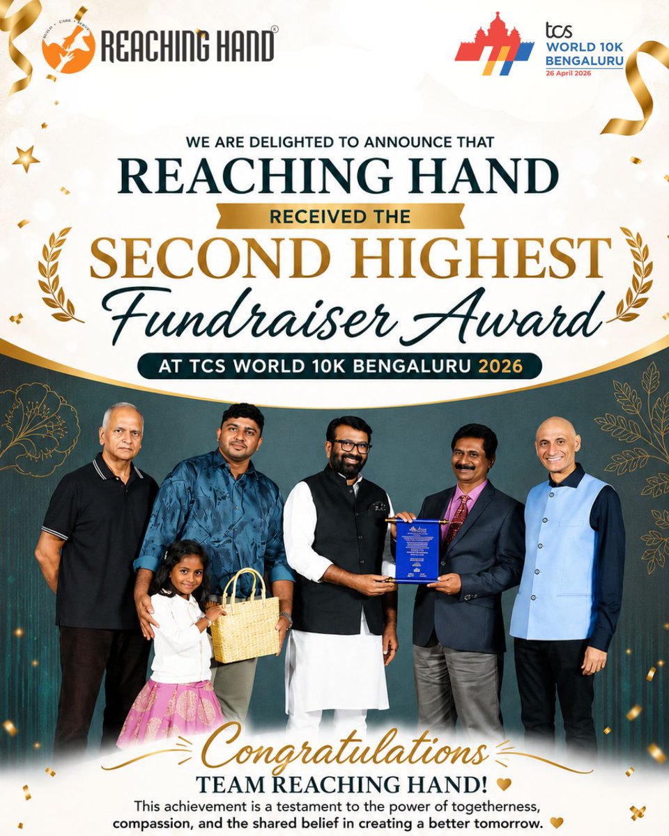 ReachingHandBlr's tweet photo. We are thrilled to share that Reaching Hand has won the Second Highest Fundraiser Award at the #TCSW10K 2026 Philanthropy Awards! https://t.co/HBnaQU7Md1